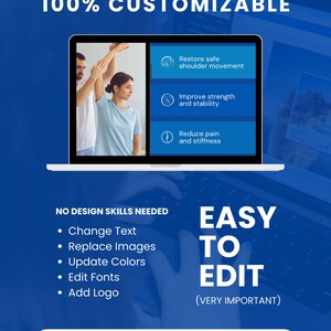 Pode incluir: Gr&aacute;fico azul com o texto "100% PERSONALIZ&Aacute;VEL" e "F&Aacute;CIL DE EDITAR". A imagem na tela do laptop mostra o exame de um ombro. O texto na tela lista benef&iacute;cios como a restaura&ccedil;&atilde;o do movimento do ombro.
