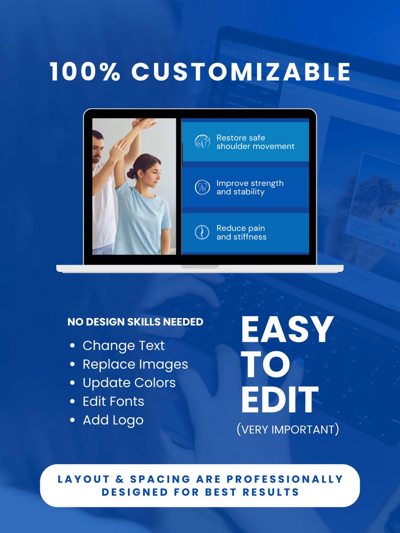 Pode incluir: Gr&aacute;fico azul com o texto "100% PERSONALIZ&Aacute;VEL" e "F&Aacute;CIL DE EDITAR". A imagem na tela do laptop mostra o exame de um ombro. O texto na tela lista benef&iacute;cios como a restaura&ccedil;&atilde;o do movimento do ombro.