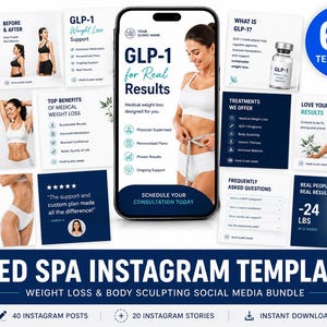 Puede incluir: Una colecci&oacute;n de 60 plantillas digitales de Instagram para spas m&eacute;dicos, con temas de p&eacute;rdida de peso y modelado corporal. El conjunto incluye publicaciones y stories con texto, iconos e im&aacute;genes de personas, un smartphone y un frasco.