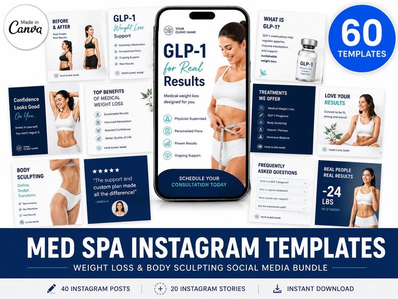 Puede incluir: Una colecci&oacute;n de 60 plantillas digitales de Instagram para spas m&eacute;dicos, con temas de p&eacute;rdida de peso y modelado corporal. El conjunto incluye publicaciones y stories con texto, iconos e im&aacute;genes de personas, un smartphone y un frasco.
