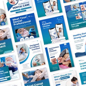 K&ouml;nnte beinhalten: Eine Sammlung von Werbematerialien f&uuml;r die Zahnmedizin in Blau und Wei&szlig;. Die Materialien zeigen Bilder von zahn&auml;rztlichen Behandlungen, Patientenversorgung und Text wie "Professionelle Zahnpflege" und "Wurzelkanalbehandlung".