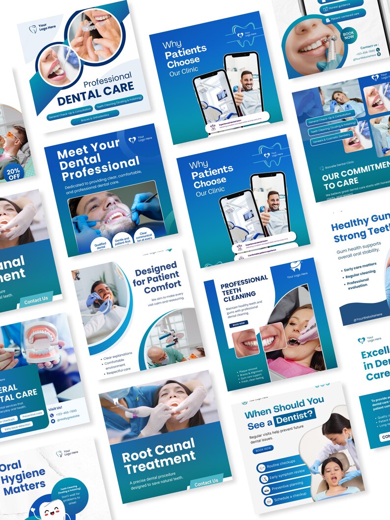 K&ouml;nnte beinhalten: Eine Sammlung von Werbematerialien f&uuml;r die Zahnmedizin in Blau und Wei&szlig;. Die Materialien zeigen Bilder von zahn&auml;rztlichen Behandlungen, Patientenversorgung und Text wie "Professionelle Zahnpflege" und "Wurzelkanalbehandlung".