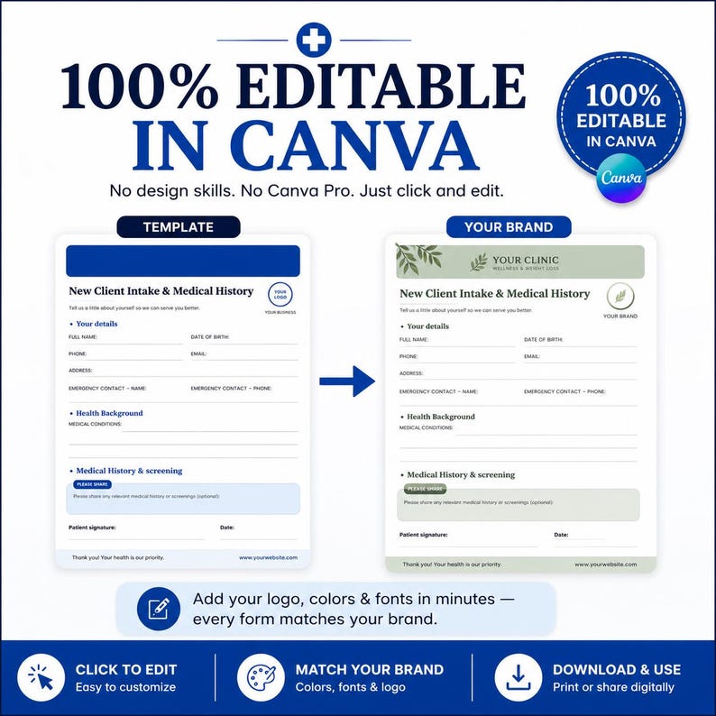 May include: A digital template for a new client intake and medical history form, featuring editable fields for personal details and health background. The graphic shows a blue-themed draft transforming into a branded version with custom logos and colors.
