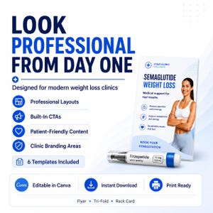 May include: A digital marketing template for weight loss clinics featuring the text LOOK PROFESSIONAL FROM DAY ONE, a flyer with a person in athletic wear, and a Tirzepatide 15 mg 0.5 mL injection pen. Includes Canva, download, and print icons.