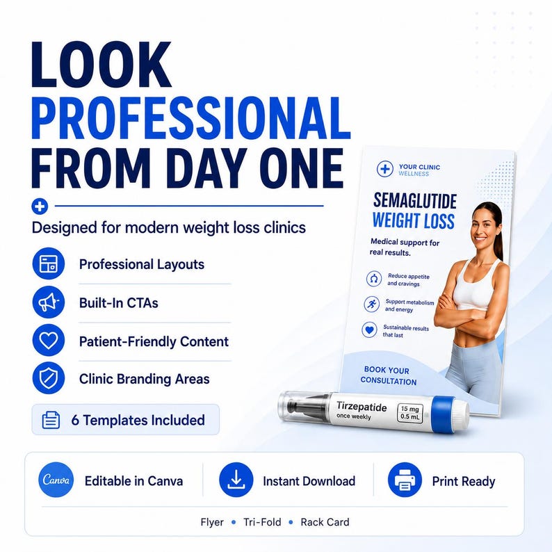 May include: A digital marketing template for weight loss clinics featuring the text LOOK PROFESSIONAL FROM DAY ONE, a flyer with a person in athletic wear, and a Tirzepatide 15 mg 0.5 mL injection pen. Includes Canva, download, and print icons.