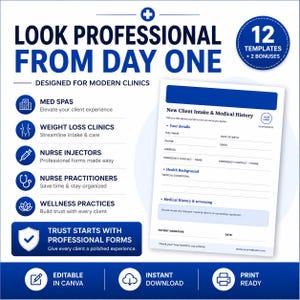 May include: A digital marketing graphic for 12 medical clinic templates featuring the text LOOK PROFESSIONAL FROM DAY ONE. It lists services for med spas, weight loss clinics, nurse injectors, nurse practitioners, and wellness practices.