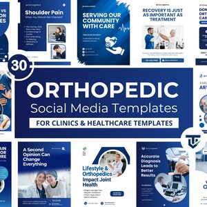 May include: A set of 30 blue social media templates for orthopaedic clinics and healthcare providers. The templates address issues such as shoulder pain, back pain, arthritis, and comprehensive orthopaedic care. Each template includes images and text.
