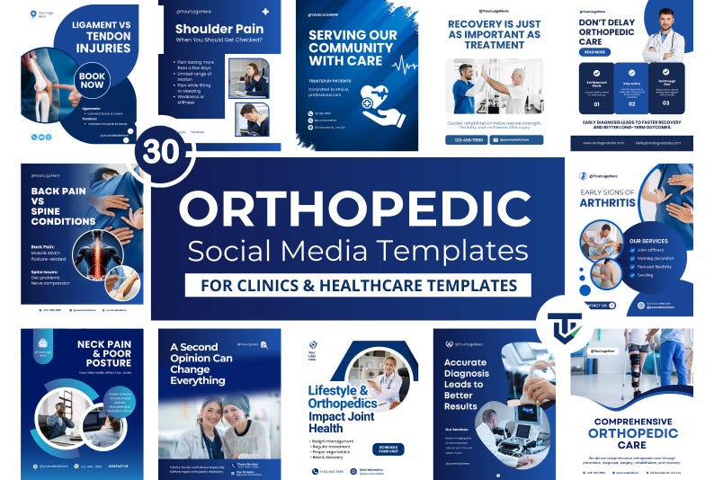 May include: A set of 30 blue social media templates for orthopaedic clinics and healthcare providers. The templates address issues such as shoulder pain, back pain, arthritis, and comprehensive orthopaedic care. Each template includes images and text.