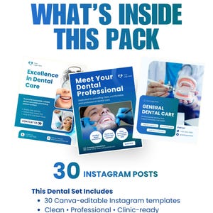 K&ouml;nnte beinhalten: Werbebild f&uuml;r Zahnarztmarken. Es zeigt drei Instagram-Beispielbeitr&auml;ge mit den Titeln "Excellence in Dental Care", "Meet Your Dental Professional" und "General Dental Care". Der Text "30 Instagram Posts" und eine Liste von Funktionen sind ebenfalls enthalten.