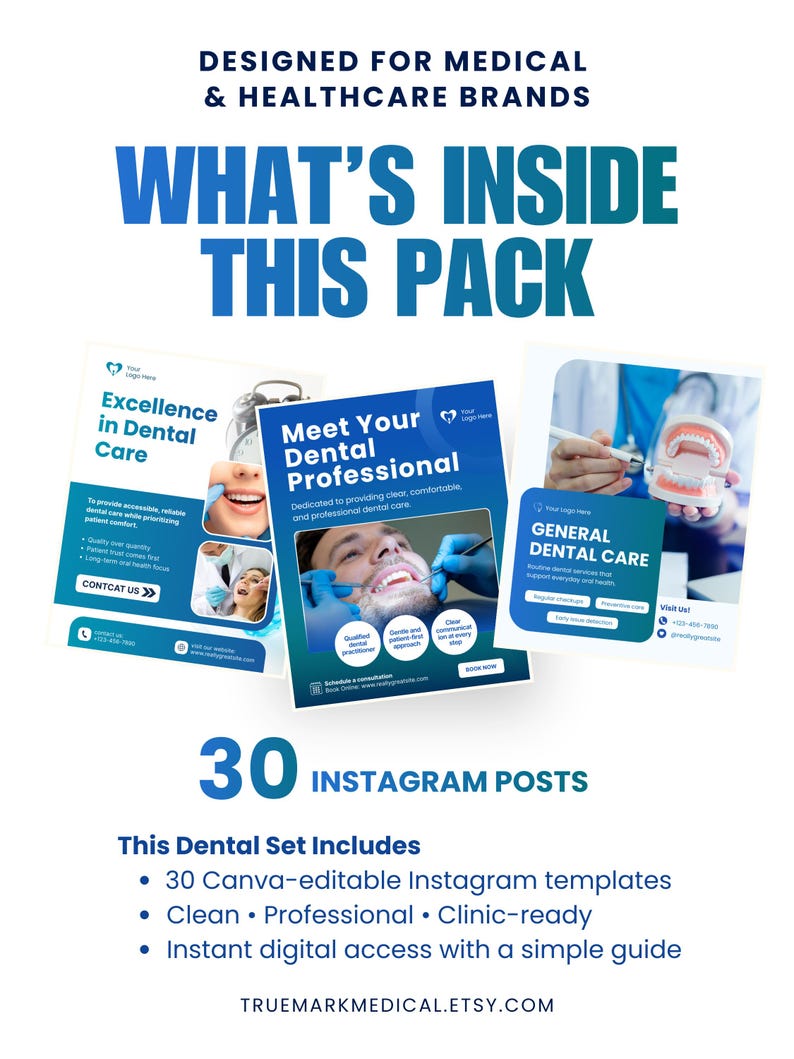 K&ouml;nnte beinhalten: Werbebild f&uuml;r Zahnarztmarken. Es zeigt drei Instagram-Beispielbeitr&auml;ge mit den Titeln "Excellence in Dental Care", "Meet Your Dental Professional" und "General Dental Care". Der Text "30 Instagram Posts" und eine Liste von Funktionen sind ebenfalls enthalten.