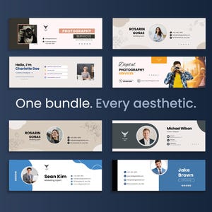 May include: A collection of eight email signature templates with various designs. The templates feature headshots, contact information, and company logos. The text "Photography Services" and "Digital Photography Services" are visible. The phrase "One bundle. Every aesthetic." is also displayed.
