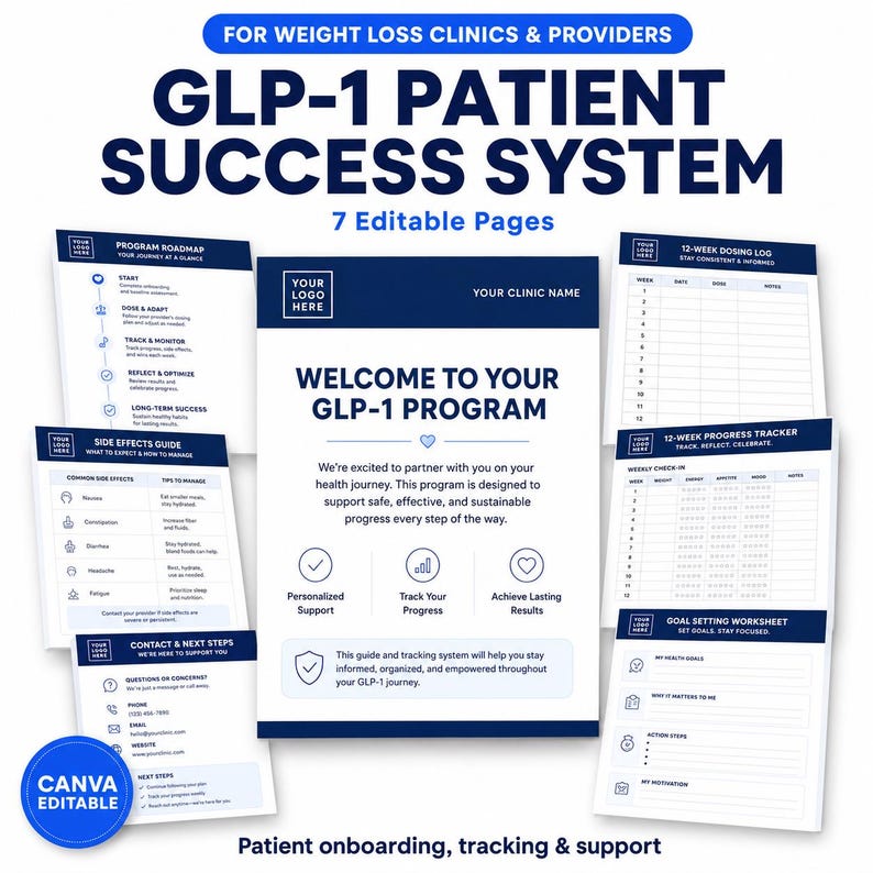 May include: A set of seven editable pages for a GLP-1 patient success system, featuring a welcome page, program roadmap, side effects guide, contact sheet, 12-week dosing log, 12-week progress tracker, and a goal setting worksheet in blue and white.