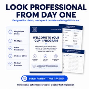 May include: A set of professional documents for a GLP-1 program, including a welcome page, a side effects guide, and a 12-week progress tracker. The materials feature dark blue and white branding with text detailing patient support, tracking, and clinical resources.
