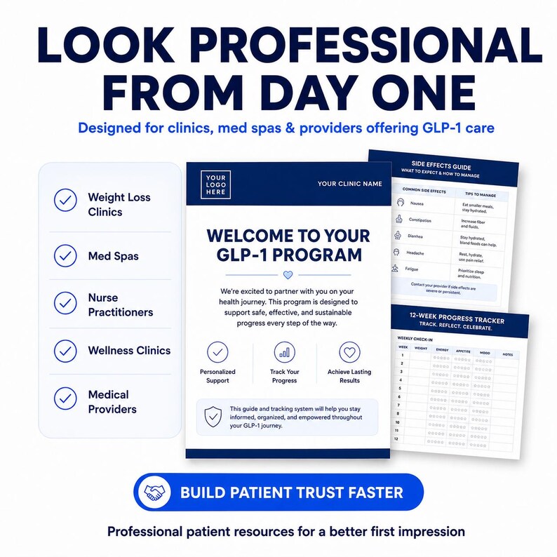 May include: A set of professional documents for a GLP-1 program, including a welcome page, a side effects guide, and a 12-week progress tracker. The materials feature dark blue and white branding with text detailing patient support, tracking, and clinical resources.