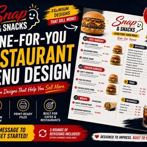May include: Restaurant menu design featuring burgers, wraps, and appetizers. The menu includes text such as "Snap & Snacks" and "Done-For-You Restaurant Menu Design." The design also includes icons for custom design, print-ready files, and built for cafes and restaurants.