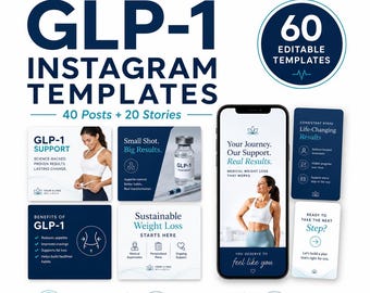 GLP-1 Instagram-Vorlagen für Gewichtsverlust-Klinik, Med Spa, 60 bearbeitbare Canva-Beiträge und Geschichten, medizinisches Social-Media-Bundle zur Gewichtsabnahme