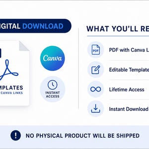 May include: A digital download graphic featuring a PDF icon, Canva logo, and clock icon. Text includes DIGITAL DOWNLOAD, WHAT YOU'LL RECEIVE, PDF with Canva Links, Editable Templates, Lifetime Access, Instant Download, and NO PHYSICAL PRODUCT WILL BE SHIPPED.