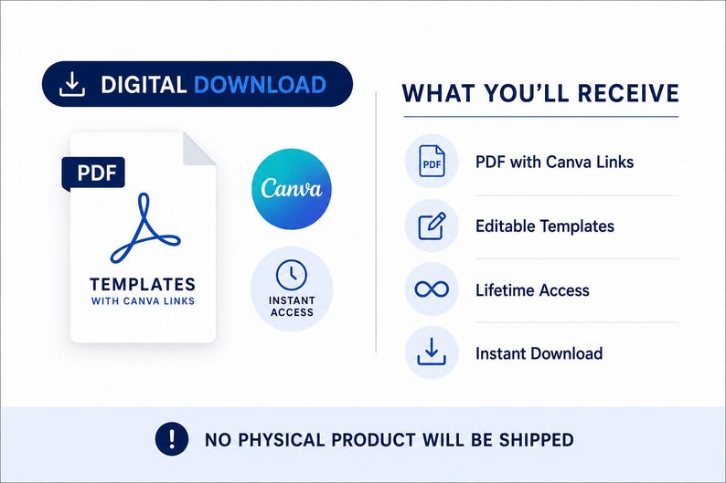 May include: A digital download graphic featuring a PDF icon, Canva logo, and clock icon. Text includes DIGITAL DOWNLOAD, WHAT YOU'LL RECEIVE, PDF with Canva Links, Editable Templates, Lifetime Access, Instant Download, and NO PHYSICAL PRODUCT WILL BE SHIPPED.