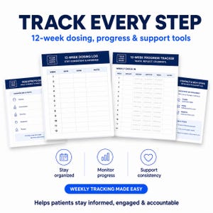 May include: A set of four white printed documents with dark blue headers and text. The pages include a 12-week dosing log, a 12-week progress tracker, a side effects guide, and a contact information sheet. Icons for calendar, chart, and heart are included.