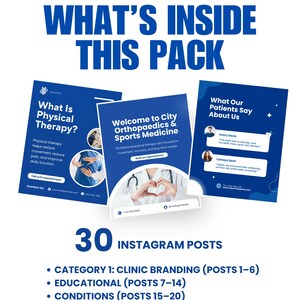 Pode incluir: Gr&aacute;fico promocional para marcas m&eacute;dicas e de sa&uacute;de. O design apresenta tr&ecirc;s exemplos de posts do Instagram com esquemas de cores azul e branco. O texto inclui "What's Inside This Pack" e detalhes sobre 30 posts do Instagram, incluindo branding.