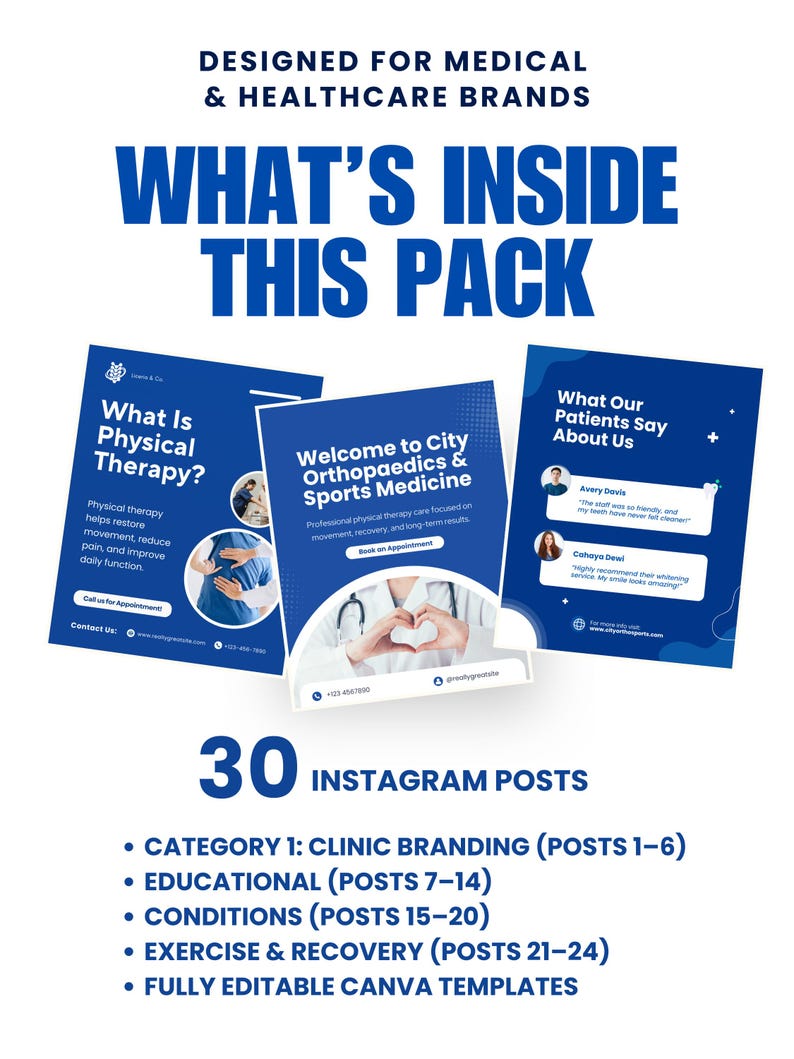 Pode incluir: Gr&aacute;fico promocional para marcas m&eacute;dicas e de sa&uacute;de. O design apresenta tr&ecirc;s exemplos de posts do Instagram com esquemas de cores azul e branco. O texto inclui "What's Inside This Pack" e detalhes sobre 30 posts do Instagram, incluindo branding.