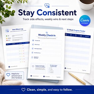 Puede incluir: Un conjunto de tres hojas de seguimiento de salud imprimibles en blanco con texto e iconos azules. Las p&aacute;ginas incluyen un registro de efectos secundarios, un control semanal y un rastreador de progreso de 12 semanas, con una etiqueta Canva editable visible.