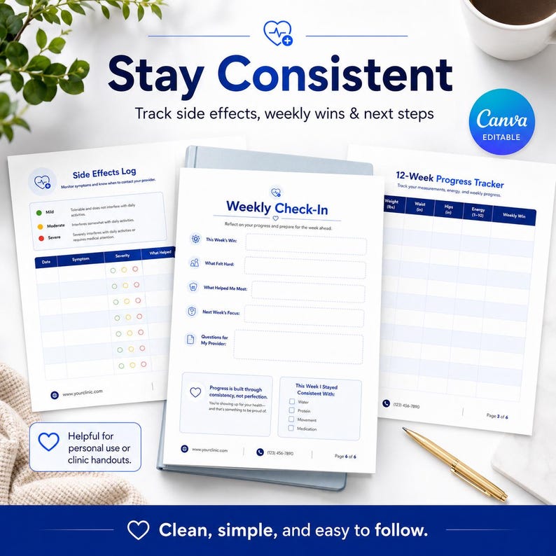 Puede incluir: Un conjunto de tres hojas de seguimiento de salud imprimibles en blanco con texto e iconos azules. Las p&aacute;ginas incluyen un registro de efectos secundarios, un control semanal y un rastreador de progreso de 12 semanas, con una etiqueta Canva editable visible.