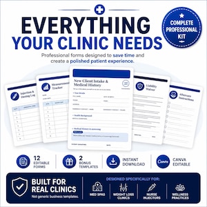 May include: A set of professional clinic forms including a New Client Intake & Medical History, Injection & Dosing Log, Measurement Tracker, Liability Waiver, and Aftercare Instructions. The documents feature blue text and icons on white paper.