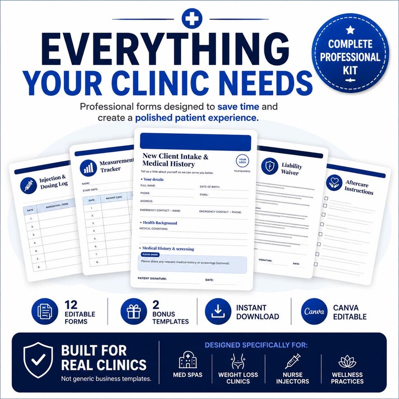 May include: A set of professional clinic forms including a New Client Intake & Medical History, Injection & Dosing Log, Measurement Tracker, Liability Waiver, and Aftercare Instructions. The documents feature blue text and icons on white paper.