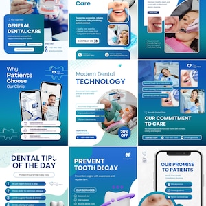 K&ouml;nnte beinhalten: Eine Sammlung von Anzeigen f&uuml;r Zahnarztpraxen in Blau und Wei&szlig;. Die Anzeigen werben f&uuml;r allgemeine Zahnpflege, professionelle Zahnreinigung und moderne Zahntechnologie. Sie bieten auch zahn&auml;rztliche Tipps und Dienstleistungen an.
