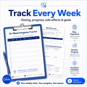 Puede incluir: Un portapapeles azul con una hoja de seguimiento de 12 semanas con columnas para peso, cintura, caderas, energ&iacute;a y notas. Al lado hay un registro de efectos secundarios y una hoja de objetivos. Un bol&iacute;grafo azul descansa sobre el portapapeles, con texto que incluye Track Every Week, Stay Organized, Monitor Progress y Feel More Confident.