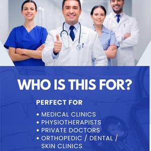 Pode incluir: Imagem de um grupo de profissionais de sa&uacute;de em um corredor. O texto "WHO IS THIS FOR?" &eacute; exibido acima de uma lista de servi&ccedil;os m&eacute;dicos, incluindo cl&iacute;nicas e marcas de sa&uacute;de. Os profissionais est&atilde;o sorrindo.