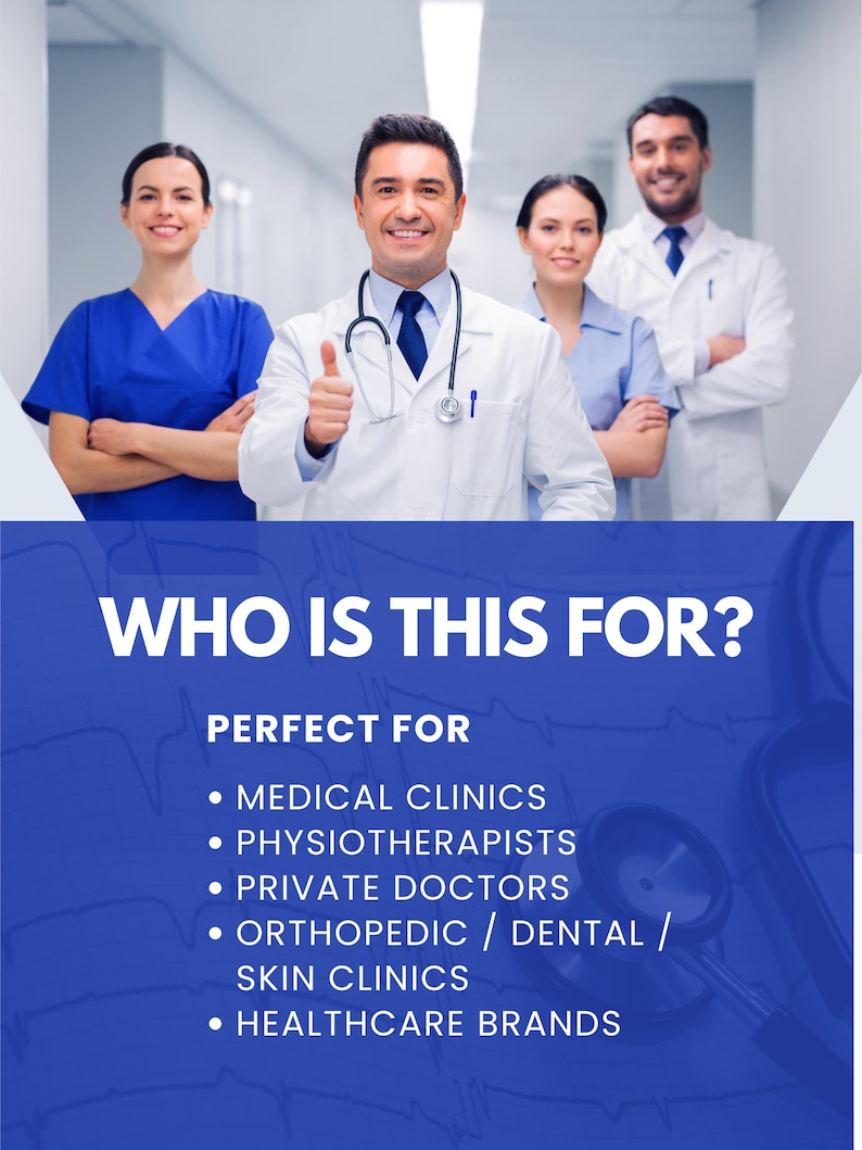 Pode incluir: Imagem de um grupo de profissionais de sa&uacute;de em um corredor. O texto "WHO IS THIS FOR?" &eacute; exibido acima de uma lista de servi&ccedil;os m&eacute;dicos, incluindo cl&iacute;nicas e marcas de sa&uacute;de. Os profissionais est&atilde;o sorrindo.