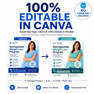 May include: A digital marketing template for a weight loss program featuring text that reads 100% EDITABLE IN CANVA, NO CANVA PRO REQUIRED, and Semaglutide Weight Loss Program. The layout includes placeholders for clinic details, logos, and contact info.
