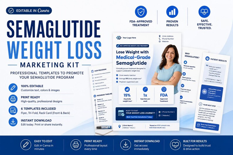 May include: A digital marketing kit for a semaglutide weight loss program featuring editable templates. The design includes a flyer, tri-fold, and rack card with blue and white branding, text about FDA-approved treatment, and patient results.