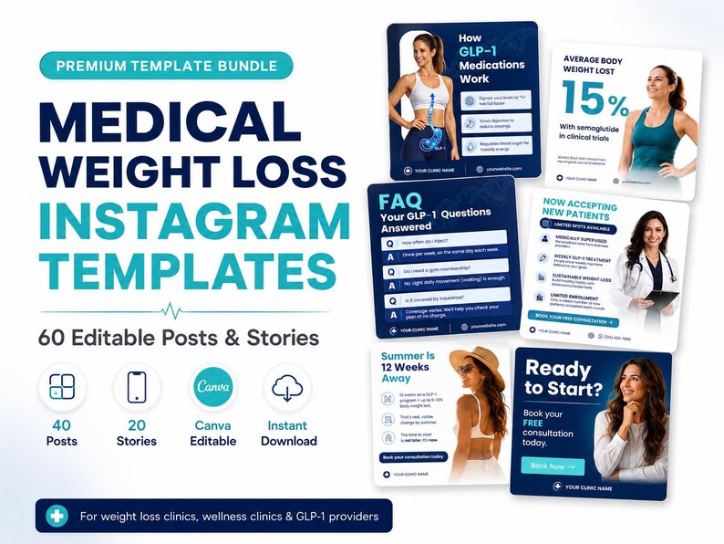 May include: A digital bundle of 60 editable Instagram templates for medical weight loss clinics. The set includes 40 posts and 20 stories featuring text about GLP-1 medications, patient FAQs, weight loss statistics, and consultation calls to action.