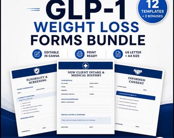 Paquete de formularios GLP-1, 12 plantillas editables de Canva para spas médicos y clínicas de pérdida de peso, formularios para pacientes sobre semaglutida y tirzepatida.
