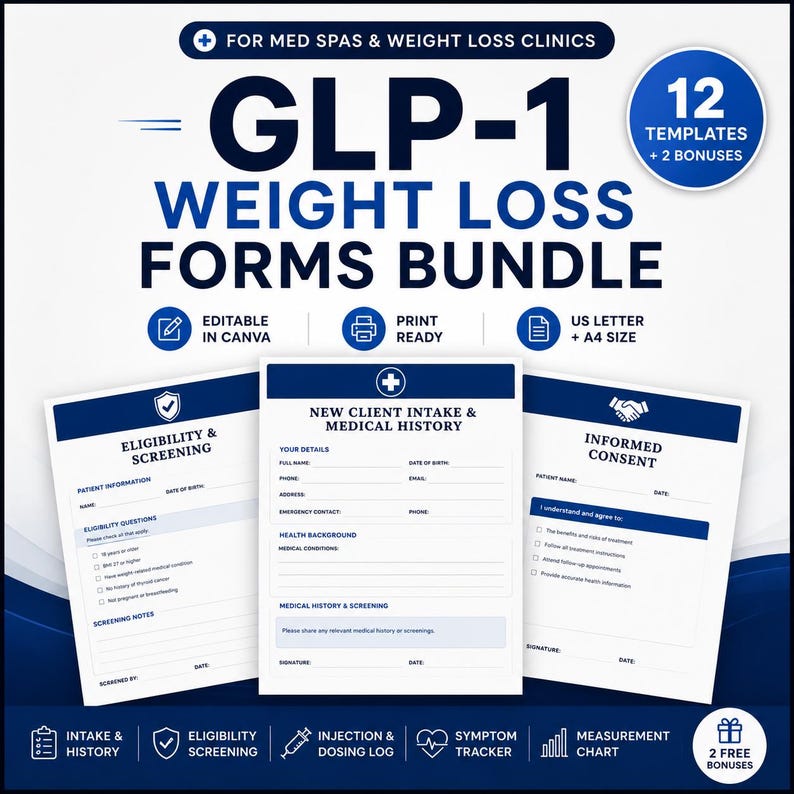 May include: A digital bundle of 12 GLP-1 weight loss forms for med spas and clinics, including eligibility, intake, and consent templates. Features editable Canva files in US letter size, print-ready layouts, and two bonus tracking documents.