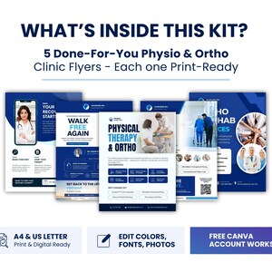 May include: Five blue and white clinic flyers for physiotherapy and orthopaedics. The flyers display images of medical professionals and patients, with text that reads "What's Inside This Kit?" and "5 Done-For-You Physio & Ortho Clinic Flyers - Each one Print-Ready."