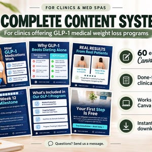May include: A digital marketing content system for clinics offering GLP-1 medical weight loss programs. Includes 60 editable Canva templates, clinical content, and instructions for a free Canva account. Features text overlays detailing program benefits.