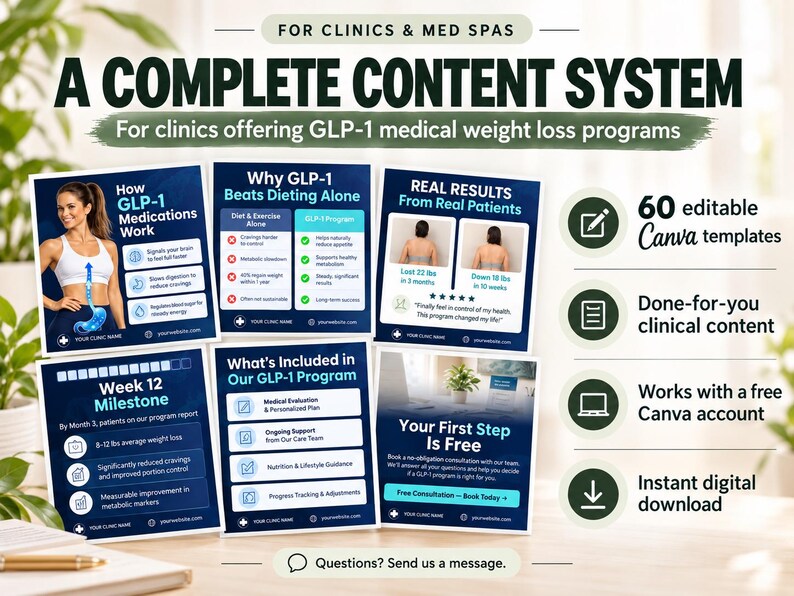 May include: A digital marketing content system for clinics offering GLP-1 medical weight loss programs. Includes 60 editable Canva templates, clinical content, and instructions for a free Canva account. Features text overlays detailing program benefits.