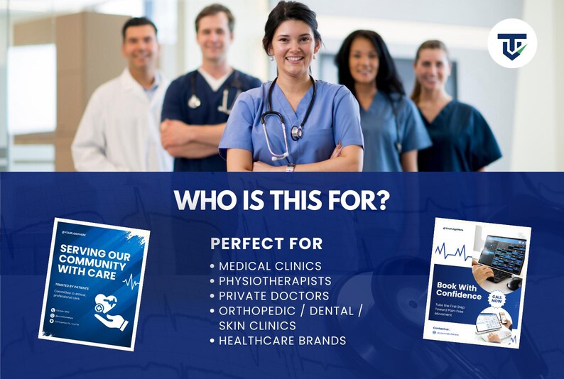 May include: A photograph of a medical team in scrubs and lab coats. The image includes text stating "WHO IS THIS FOR?" and lists medical clinics, physiotherapists, private doctors, and healthcare brands. Two promotional flyers are also visible.