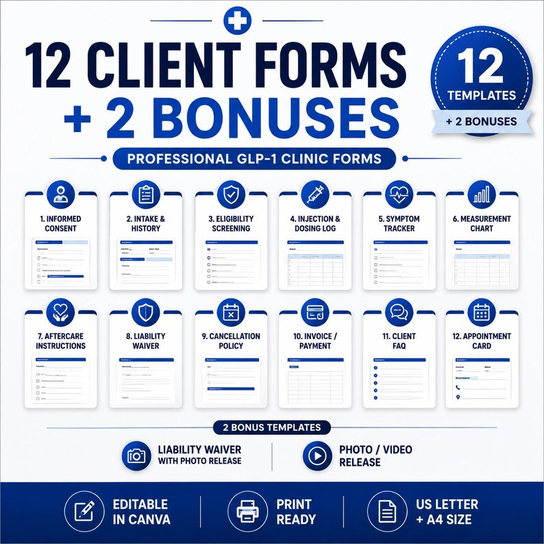 May include: A digital collection of 12 professional GLP-1 clinic forms and 2 bonus templates. The blue and white graphic displays icons and titles for informed consent, intake, screening, logs, trackers, charts, waivers, and appointment cards.