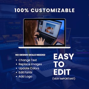 May include: A laptop screen showing a design interface, with the text "100% CUSTOMIZABLE" and "EASY TO EDIT." Additional text highlights features like changing text, replacing images, and updating colours. The background is a dark blue.