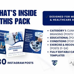 May include: A promotional graphic for medical and healthcare brands, featuring 30 Instagram post templates. The design includes the text "WHAT'S INSIDE THIS PACK" and "DESIGNED FOR MEDICAL & HEALTHCARE BRANDS". The templates cover clinic branding, educational content, conditions, and exercise & recovery.