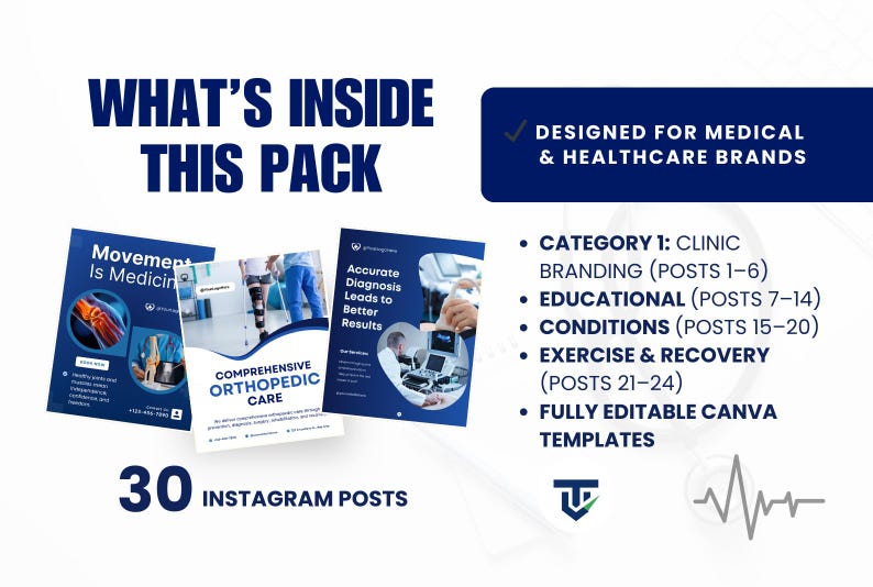 May include: A promotional graphic for medical and healthcare brands, featuring 30 Instagram post templates. The design includes the text "WHAT'S INSIDE THIS PACK" and "DESIGNED FOR MEDICAL & HEALTHCARE BRANDS". The templates cover clinic branding, educational content, conditions, and exercise & recovery.