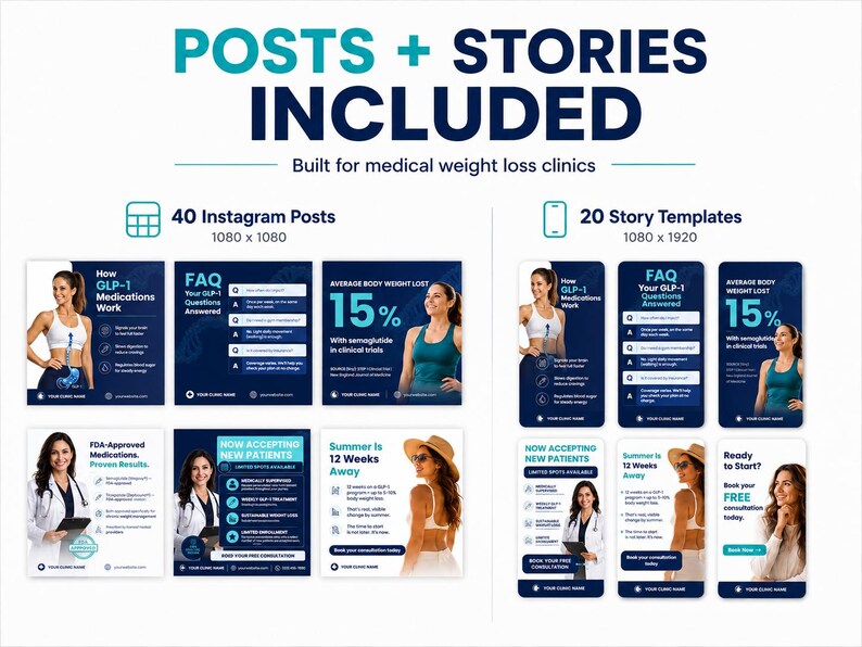 Weight Loss Clinic Instagram Templates, 60 Editable Canva Posts & Stories, Medical Weight Loss Program Marketing Kit, Patient Content image 2