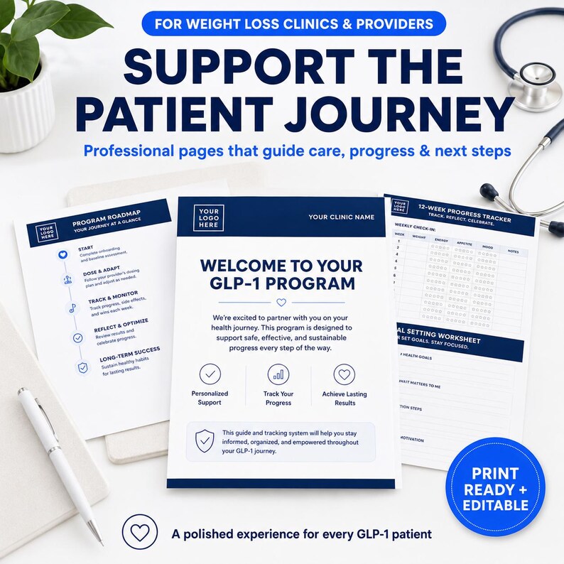 May include: A set of printed documents for a GLP-1 weight loss program, including a program roadmap, a welcome page, and a 12-week progress tracker. The pages feature dark blue text and icons on a white background, with a pen and stethoscope nearby.