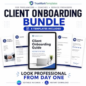 Puede incluir: Un paquete digital de incorporación de clientes con cinco plantillas que incluyen propuesta de proyecto, factura, guía de incorporación, contrato y formulario de comentarios. El diseño usa azul y blanco con el texto TrueMarkTemplates.