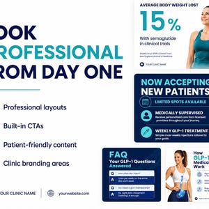 May include: A marketing template for a medical clinic featuring the text LOOK PROFESSIONAL FROM DAY ONE, with sections for patient intake, FAQ, and clinical trial results. Includes icons for layouts, CTAs, and branding, plus website placeholders.